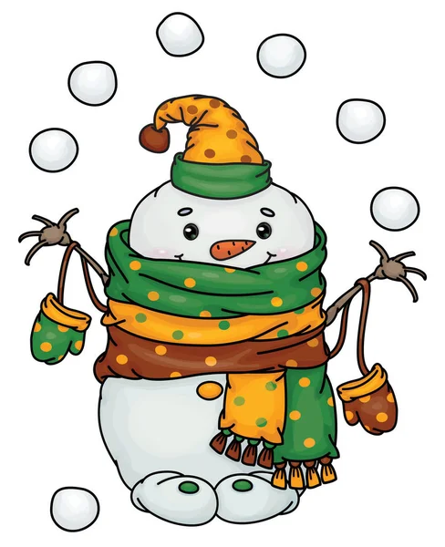 Vector  happy  snowman cartoon playing snowballs. — Stock Vector