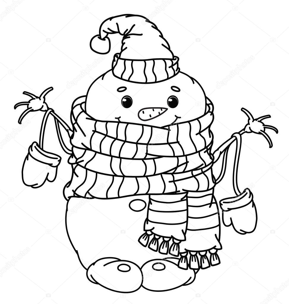 Vector   happy snowman cartoon, black silhouette for coloring.  