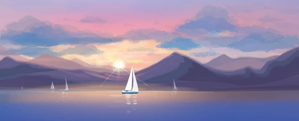 Coucher Soleil Vectoriel Scène Mer Yachts — Image vectorielle