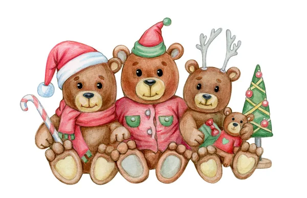 可爱的熊家庭 圣诞假期设计的贺卡 水彩画 — 图库照片