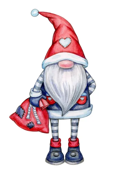 Natal Bonito Gnome Desenhos Animados Isolado Branco Feliz Cartão Felicitações — Fotografia de Stock