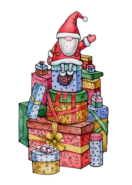 Gnome Sitzt Auf Geschenken Isoliert Auf Weiß Frohe Weihnachten Grußkarte — Stockfoto