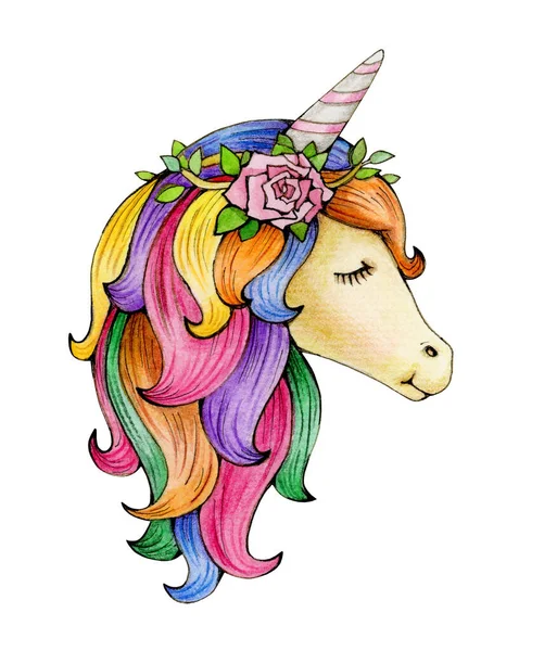 Cute Magic Unicorn Portrait Isolated White Watercolor Illustration — Stock Photo, Image