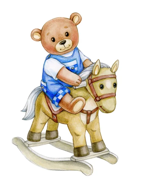 Cute Baby Bear Riding Horse Greeting Card Baby Boy Watercolor — Stock Photo, Image