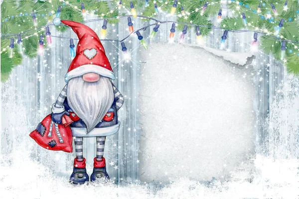 Kerst Gnome Cartoon Wenskaart Voor Wintervakantie Vrolijk Kerstkaartje — Stockfoto