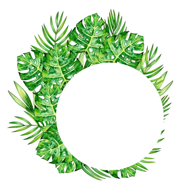 Tropical leaves circle frame, isolated on white. Watercolor illustration.