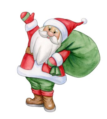 Noel Baba hediyelerle dolu bir çanta tutuyor, bembeyaz. Suluboya çizimi.