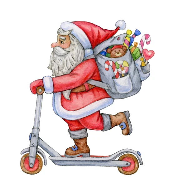 Papai Noel Com Scooter Presentes Isolado Branco Ilustração Aquarela — Fotografia de Stock