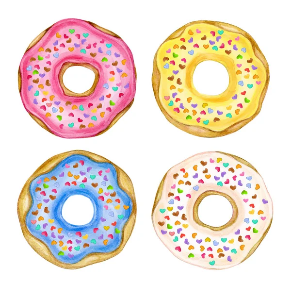 Donuts Coloridos Isolados Branco Ilustração Aquarela — Fotografia de Stock