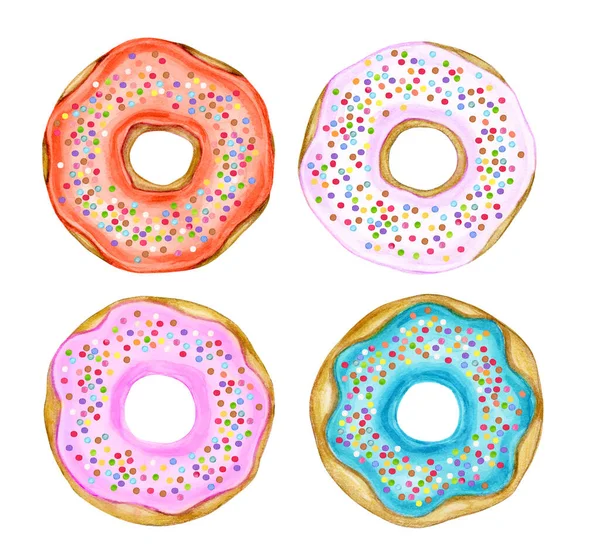 色彩斑斓的甜甜圈在白色上隔离开来 水彩画 — 图库照片