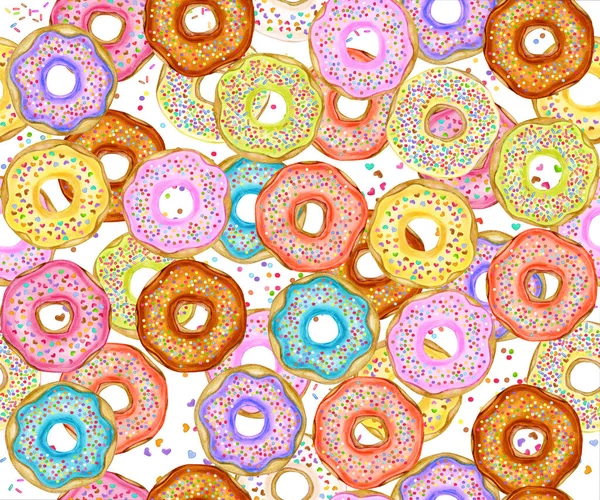 Colorful Donuts Seamless Pattern Isolated White Sweets Background Watercolor Illustration — Stock Photo, Image