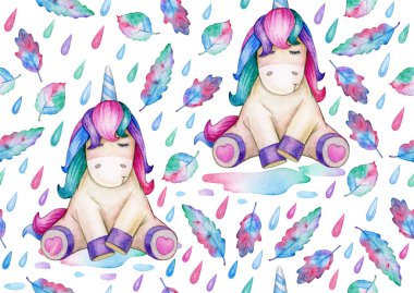 Kusursuz desen, tek boynuzlu at, yapraklar ve yağmur, beyazın üzerinde izole. Suluboya çizimi.