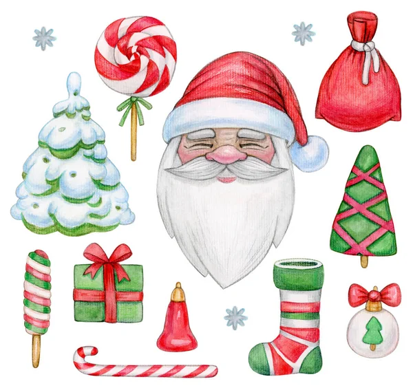 Santa Claus Elementy Świąteczne Zestaw Izolowane Białym Ilustracja Akwarela — Zdjęcie stockowe
