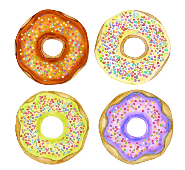 Colorful Donuts Isolated White Watercolor Illustration — Stock Photo, Image