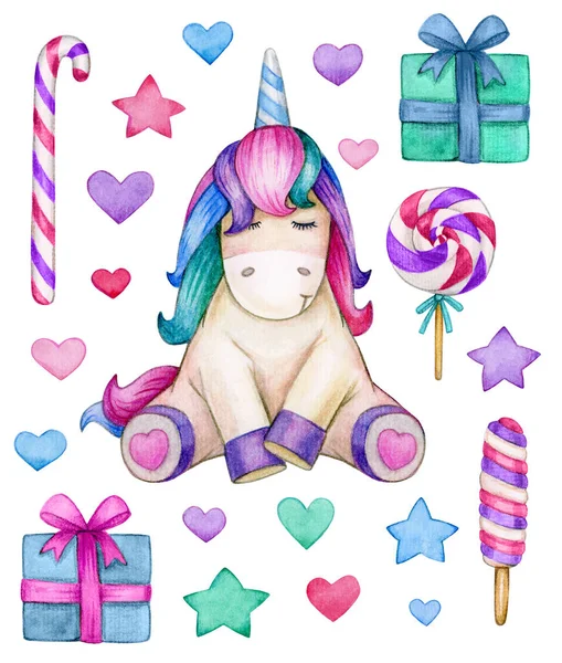 Cute Unicorn Elements Design Isolated White Watercolor Illustration — Stock Photo, Image