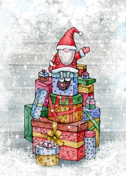 Weihnachtsmann Sitzt Auf Geschenken Grußkarte Für Den Winterurlaub Frohe Weihnachten — Stockfoto