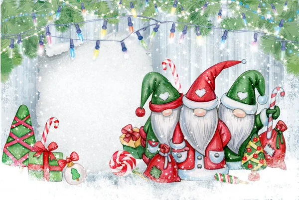 Dibujos Animados Gnomos Navidad Tarjeta Felicitación Para Las Vacaciones Invierno —  Fotos de Stock