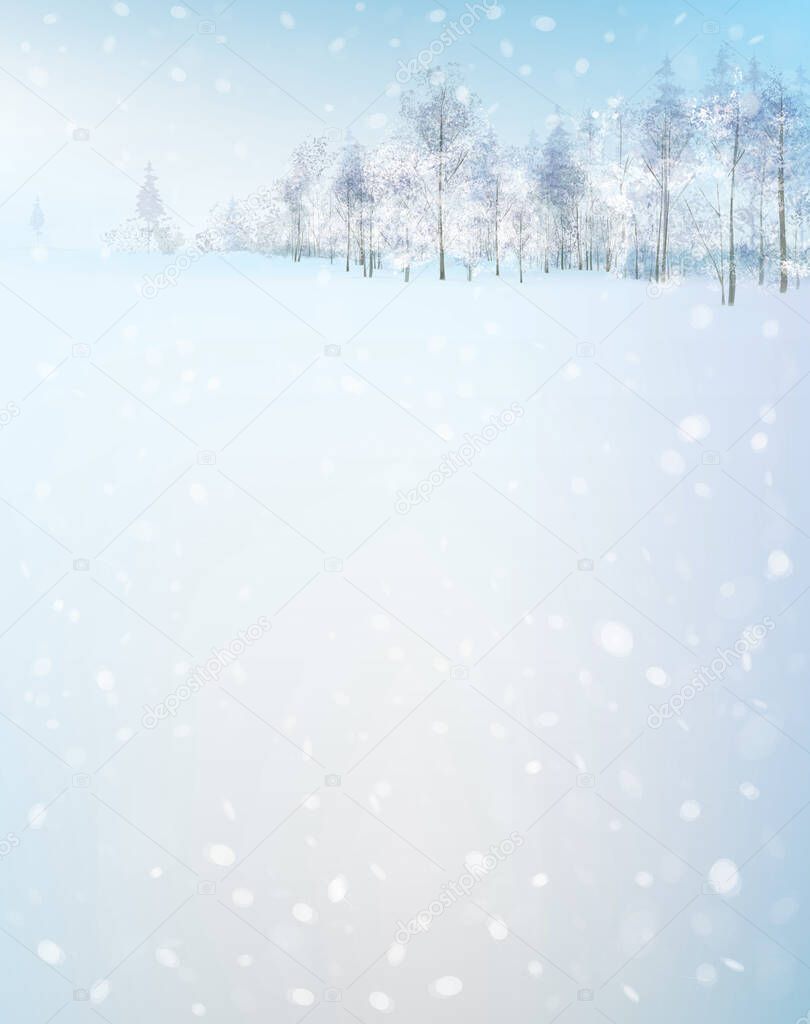Vector  winter scene with forest background. Winter landscape.