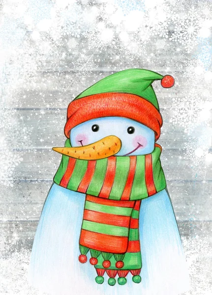 Happy Snowman Cartoon Christmas Greeting Card — Stock Photo, Image