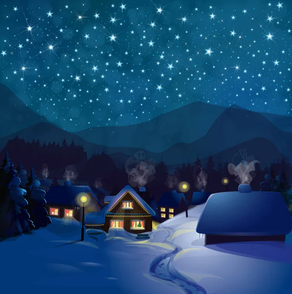 ベクトル冬の不思議の国の夜の背景 家と夜の冬の風景 — ストックベクタ
