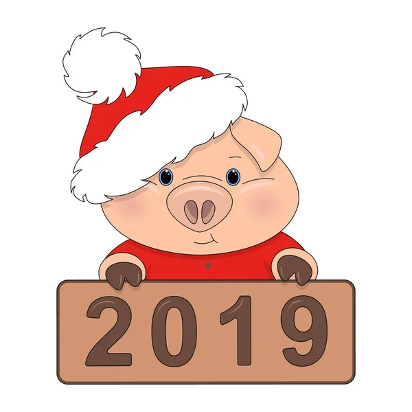 Güzel Noel ve yeni yıl domuzcuk. Noel Baba şapkası ve 2019 domuzla. Öğe için tasarım, vektör çizim, afiş, kağıt, arka plan, şal, kumaş, tekstil.