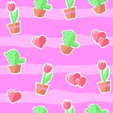 Çiçek ve kalp çıkartma ile Seamless modeli. Şirin kaktüs ve lale pembe bir arka plan üzerinde. Bu tasarım, vektör çizim, afiş, kağıt, arka plan, şal, kumaş, Tekstil için bir unsur olabilir