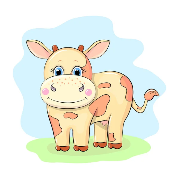 Ładny Stojący Uśmiechający Się Krowa Trawie Ręcznie Rysowane Ilustracja Wektor — Wektor stockowy