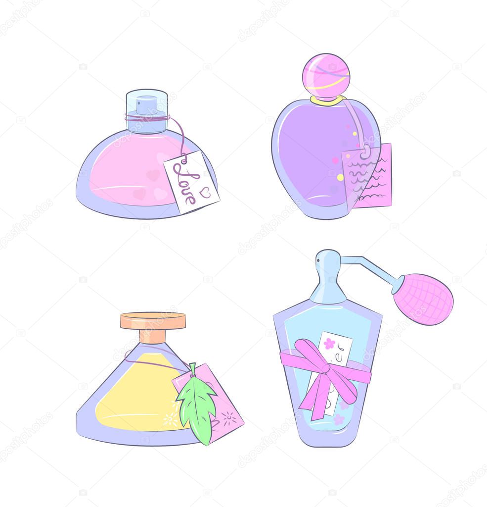 Set of hand drawn perfumes in different colors.