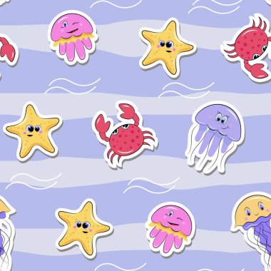 Karikatür çıkartmalar ile Dikişsiz desen. Denizanası, yıldız balığı, mavi arka planda yengeç gibi farklı deniz yaratıklar.