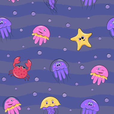 Deniz canlıları ile karikatür sorunsuz desen. Denizanası, yengeç, denizyıldızı ile koyu mavi çizgili arka plan.