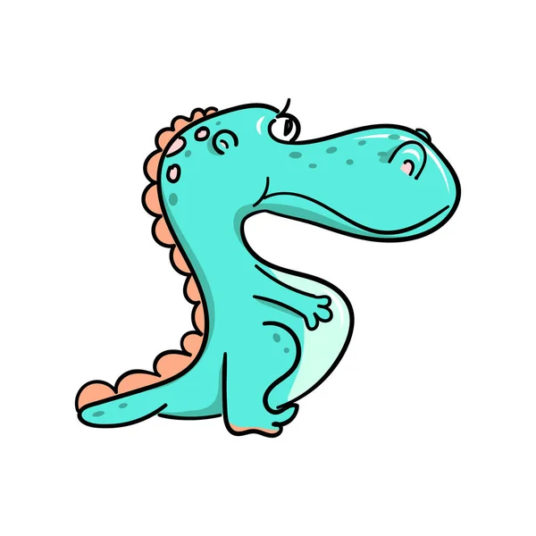 Cartoon Schattig Blauwe Dinosaurus Hand Getrokken Dier Geïsoleerd Wit — Stockvector