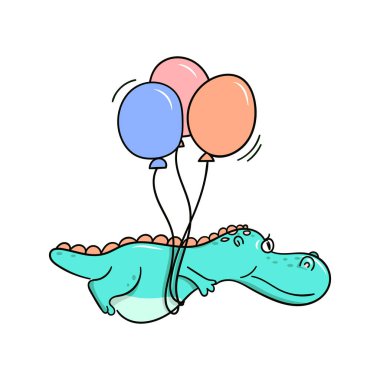 Renkli balonlar ile dinozor uçan sevimli karikatür. Beyaz izole edilmiş bir hayvanla elle çizilmiş illüstrasyon.