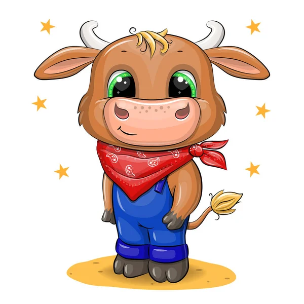 Cute Cartoon Little Baby Bull Red Cowboy Scarf Vector Illustration — Stock Vector