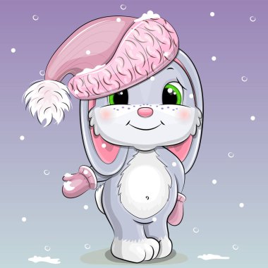 Pembe kış şapkalı ve eldivenli şirin yavru tavşan. Hayvan ve karlı kış vektör illüstrasyonu.