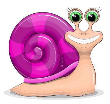 Mor çizgili kabuklu şirin çizgi film salyangozu. Beyazda izole edilmiş bir hayvanın vektör çizimi