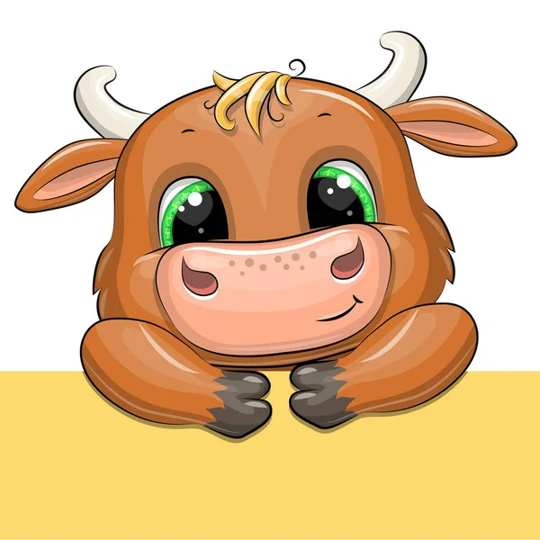 Cute Cartoon Bull Placard Vector Illustration Animal Big Green Eyes — Stock Vector