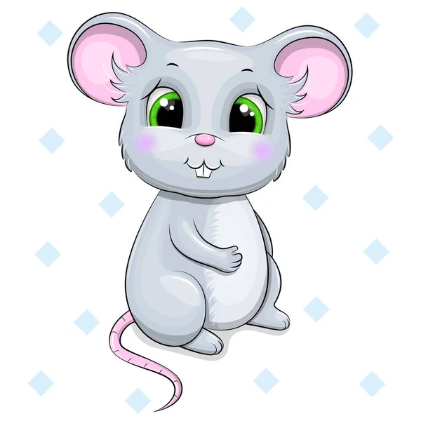 Lindo Ratón Dibujos Animados Con Grandes Ojos Verdes Ilustración Vectorial — Vector de stock