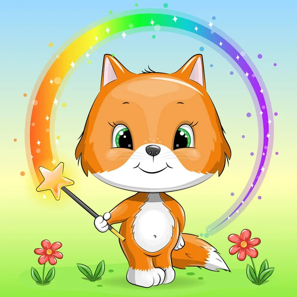 可爱的卡通狐狸带着魔杖 彩色背景上的动物的矢量图解 — 图库矢量图片