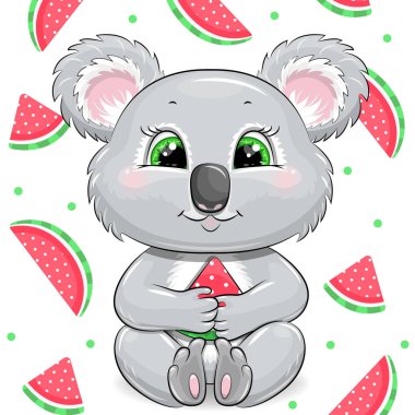 Karpuzlu tatlı çizgi film koalası. Beyaz arkaplanda ditler ve karpuzlarla yaz vektör illüstrasyonu.