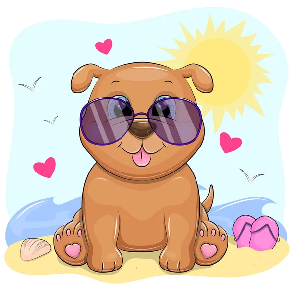 Cão Desenho Animado Bonito Praia Ilustração Vetorial Verão Com Sol —  Vetores de Stock