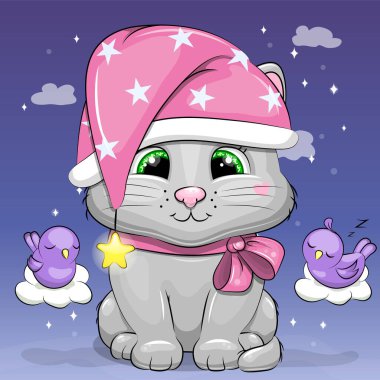 Yıldızlı gece şapkalı şirin çizgi film kedisi. Mavi arka planda hayvan ve kuşların vektör çizimi. 