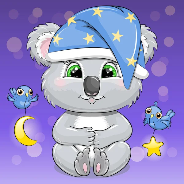 Yıldızlı Gece Şapkalı Şirin Bebek Koala Koyu Arkaplanda Kuşlu Bir — Stok Vektör