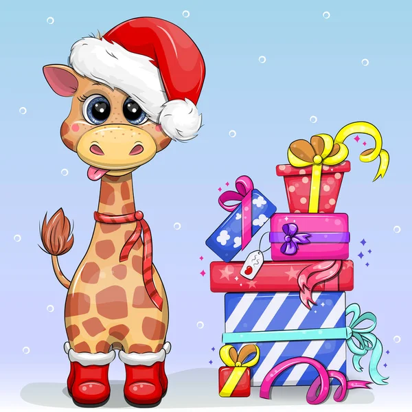 可爱的卡通长颈鹿 头戴圣诞礼帽 带着礼物 蓝色背景动物的圣诞矢量图解 — 图库矢量图片
