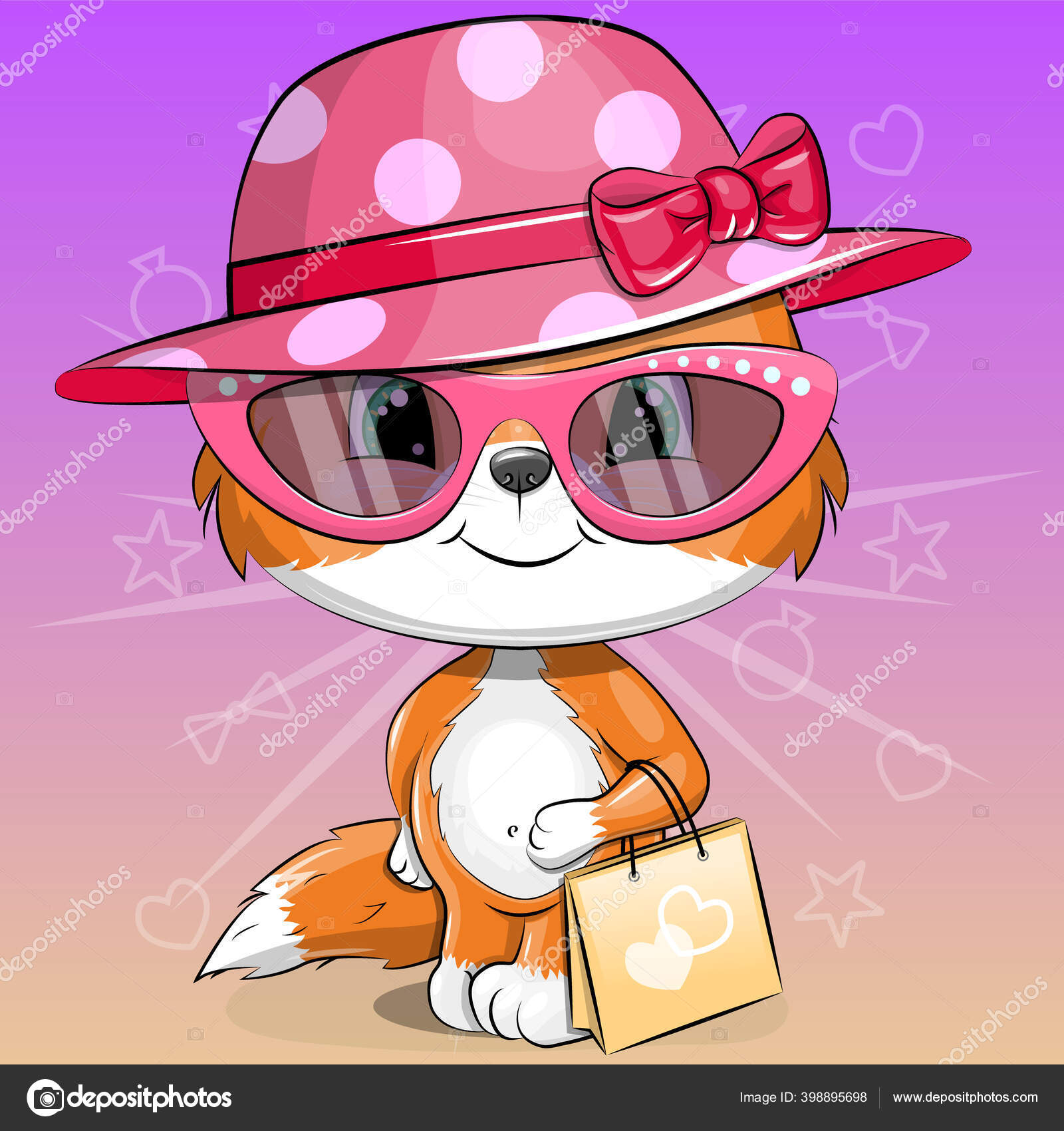 ピンクの帽子とサングラスのかわいい漫画の赤ちゃんキツネは買い物袋を保持しています カラフルな背景に動物のベクトルイラスト ストックベクター  ©Oncidium 398895698, image size:1600x1700