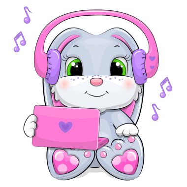 Kulaklıklı ve dizüstü bilgisayarlı şirin çizgi film tavşanı müzik dinliyor. Beyazda izole edilmiş bir hayvanın vektör çizimi.