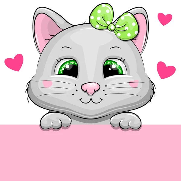 Söt Tecknad Baby Kattunge Med Grön Rosett Vektor Illustration Djur — Stock vektor