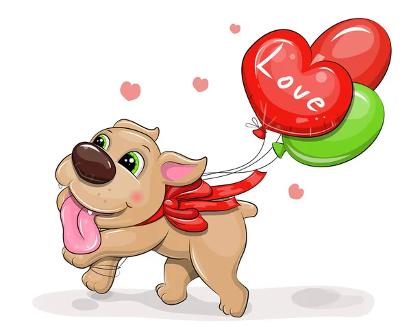 Leuke Cartoon Puppy Met Kleurrijke Ballonnen Rode Strik Vector Illustratie — Stockvector