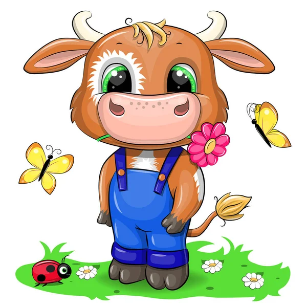 Cute Cartoon Bull Flower Butterflies Vector Illustration Animal Isolated White — Stock Vector