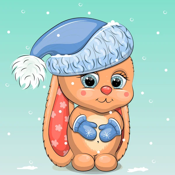 Bonito Coelho Desenho Animado Bebê Chapéu Inverno Azul Luvas Ilustração —  Vetores de Stock