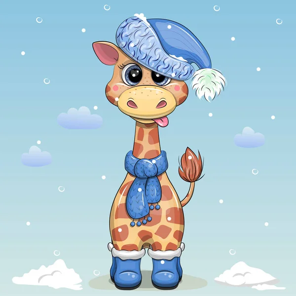 Cute Cartoon Giraffe Winter Hat Scarf Boots Winter Vector Illustration — Stock Vector